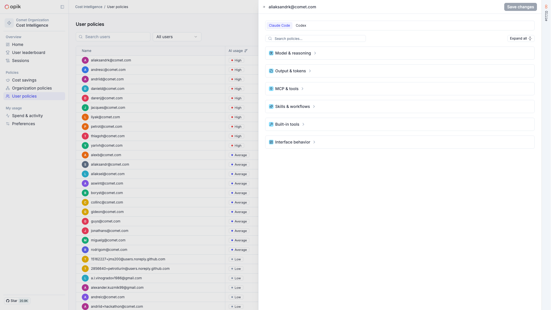 User policies interface