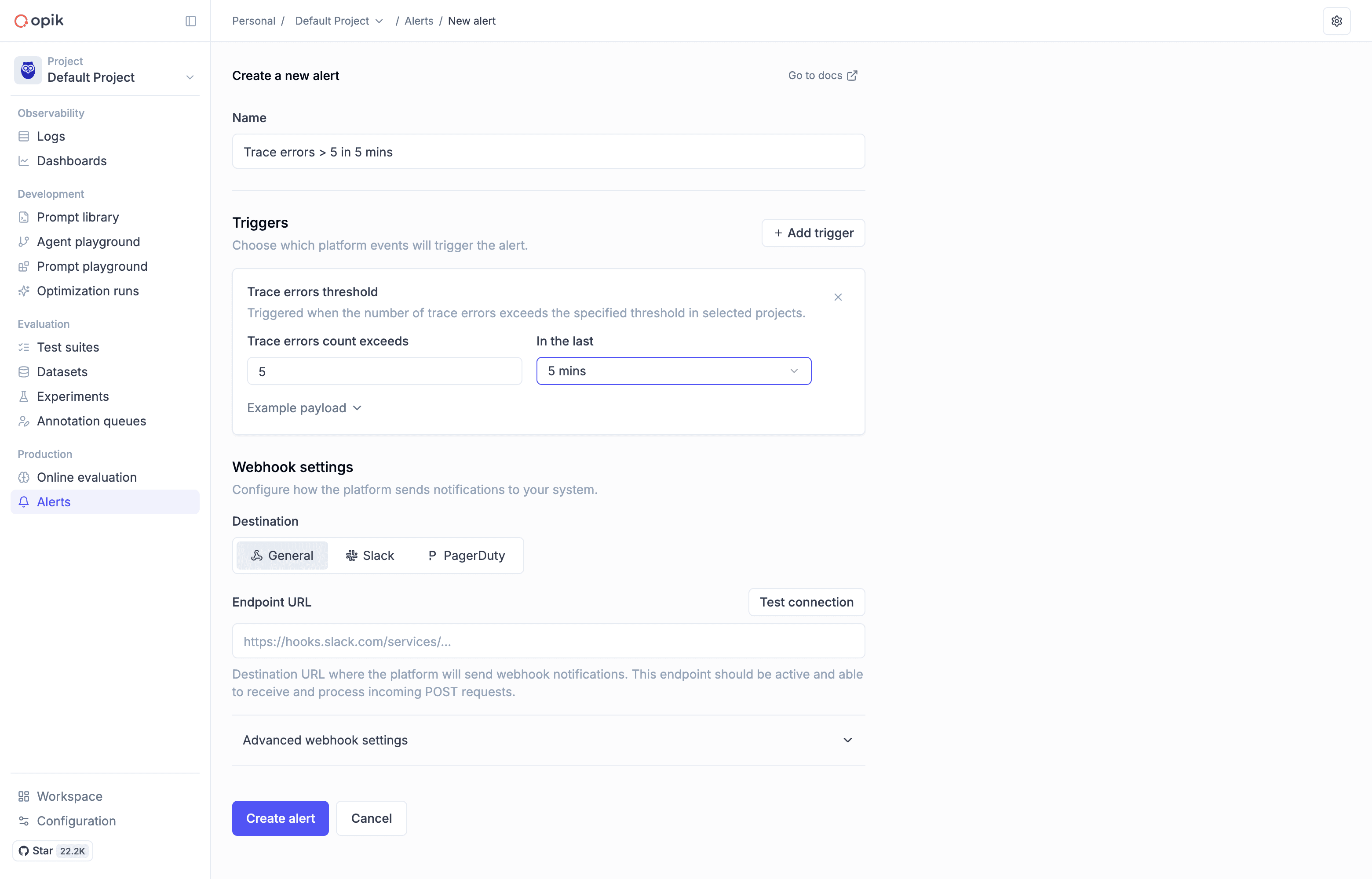Create alert form