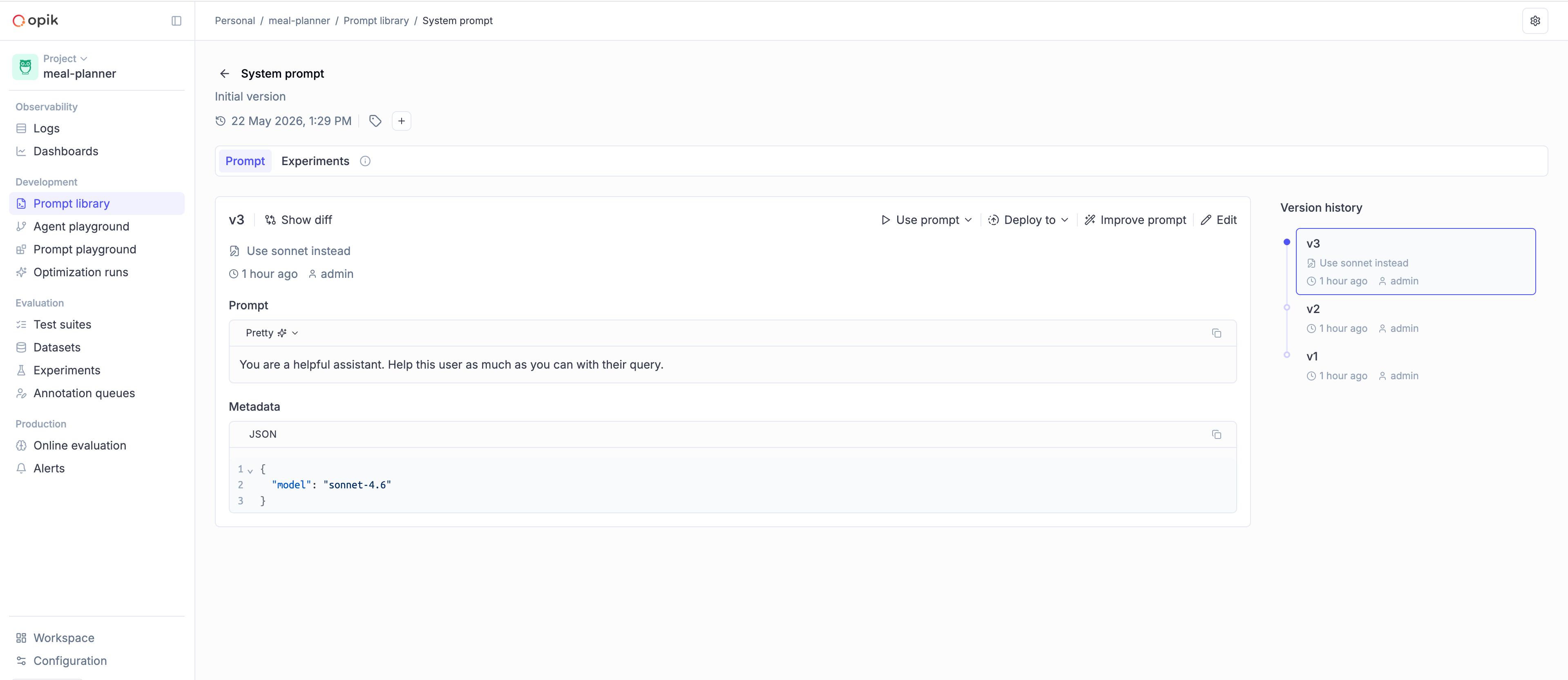 Prompt Library page showing versioned prompts